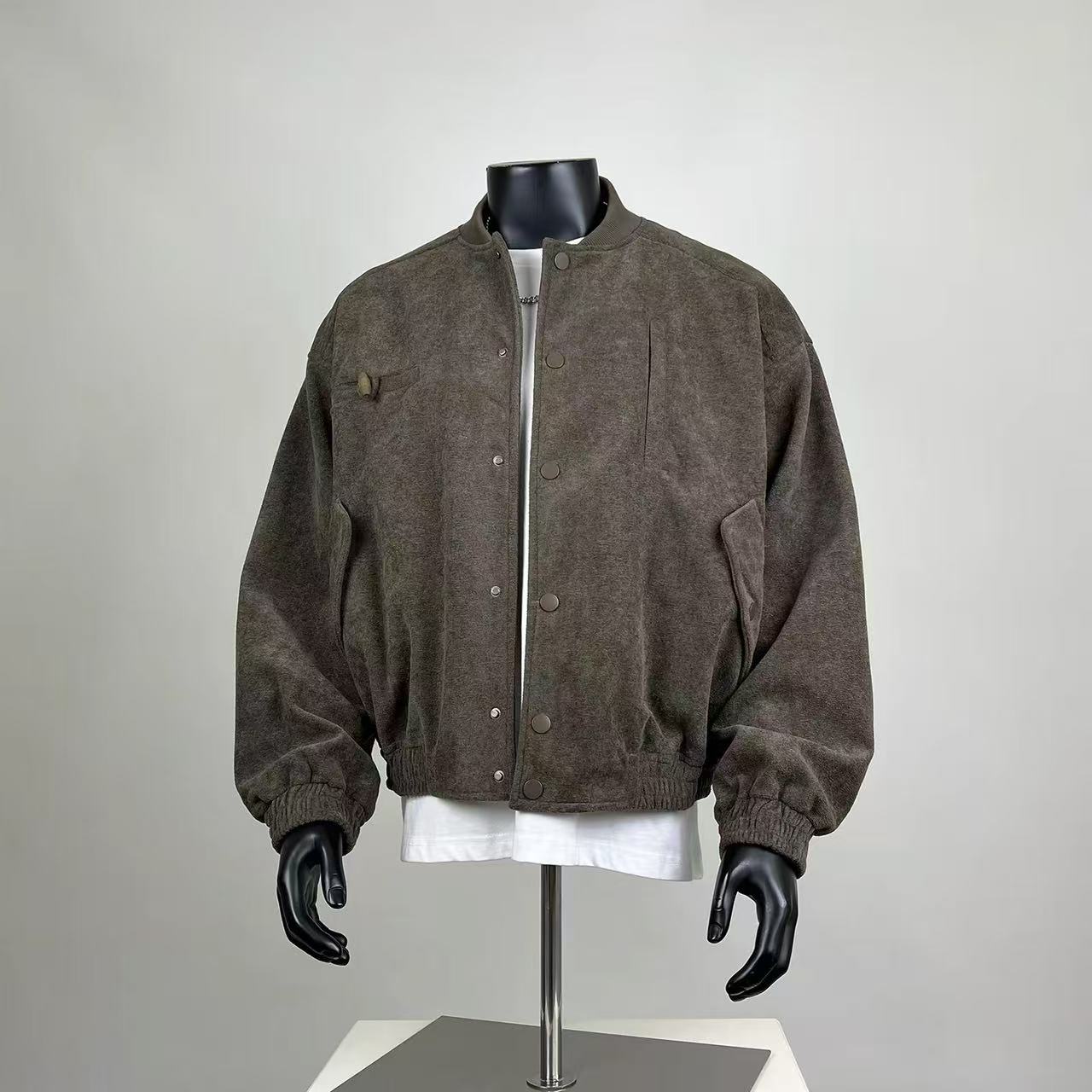 Brown Cropped Bomber Jacket - Oversized Suede-textured Fleece Button Jacket