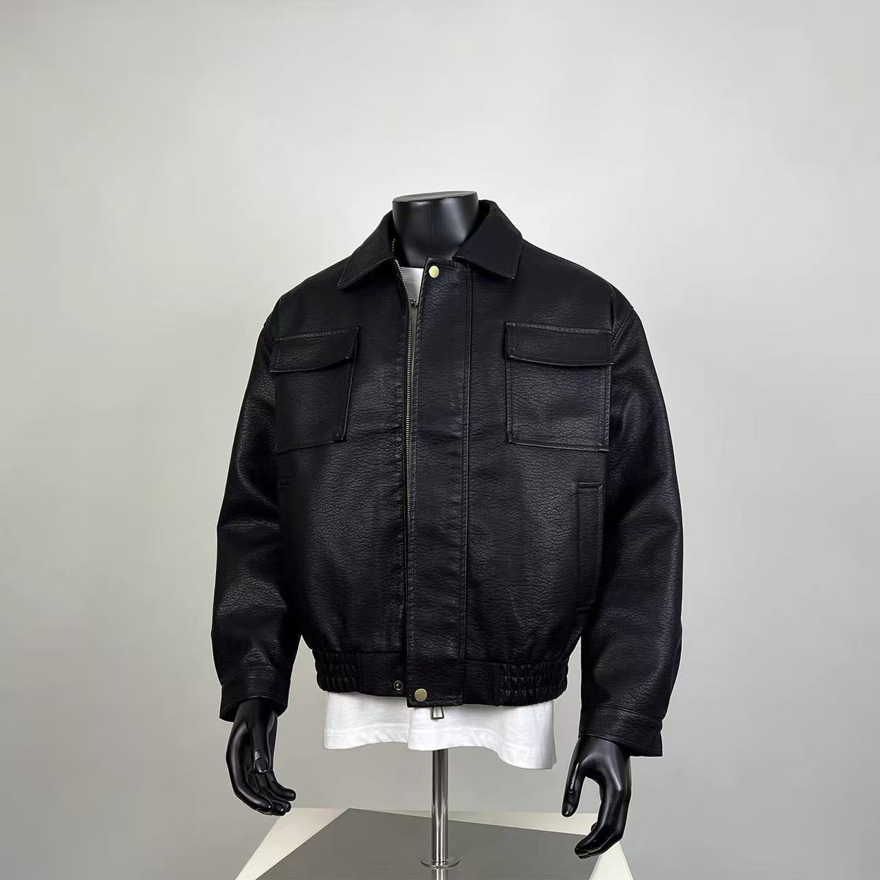 Black Faux Leather Trucker Bomber Jacket – Button-Front Utility Pocket Style