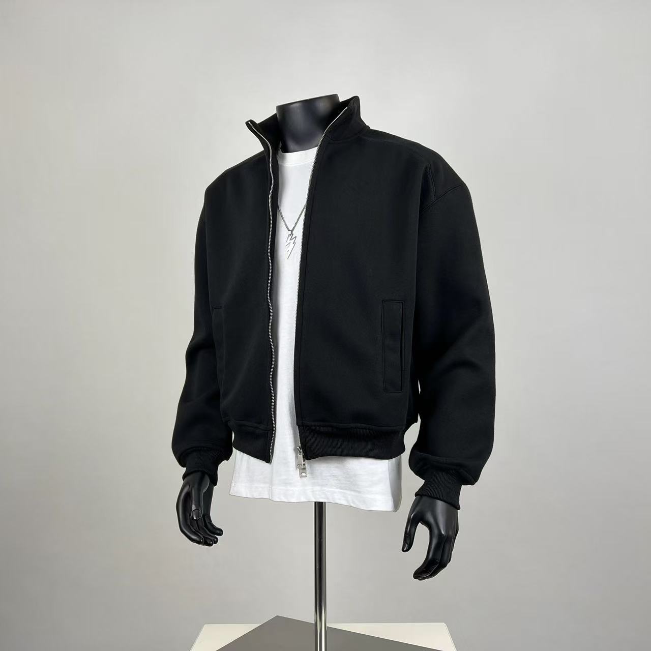 Black Cropped Zip-Up Jacket - Oversized Heavyweight Fleece Sweatshirt