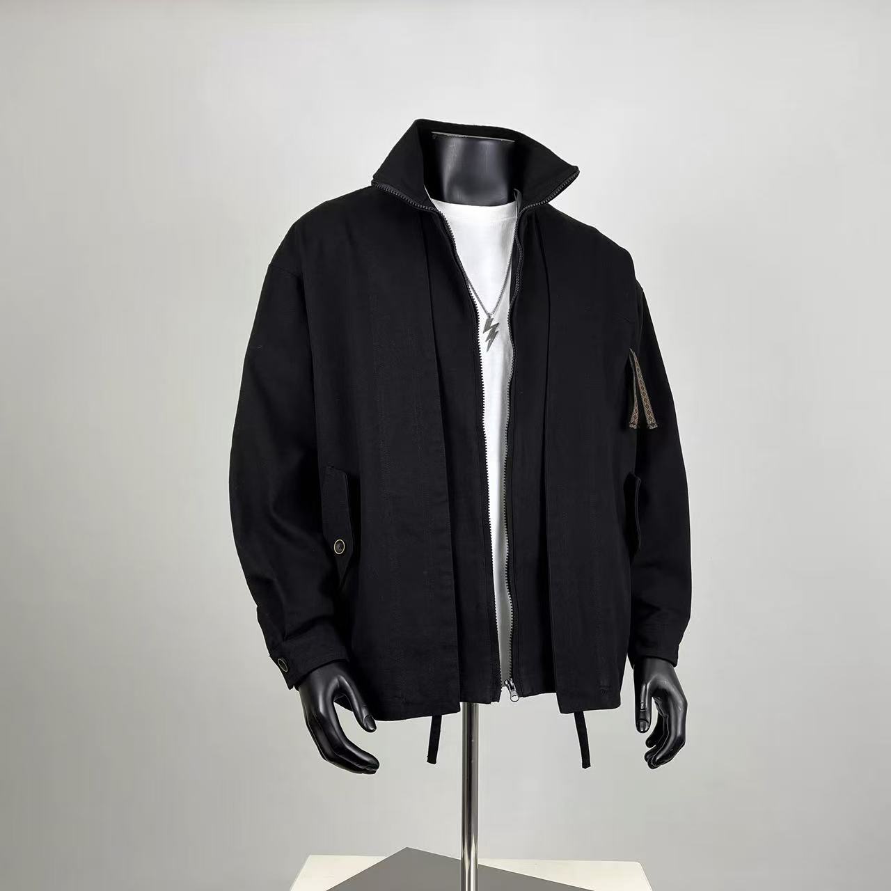 Black Oversized Utility Jacket – Layered Zip-Up Workwear Coat
