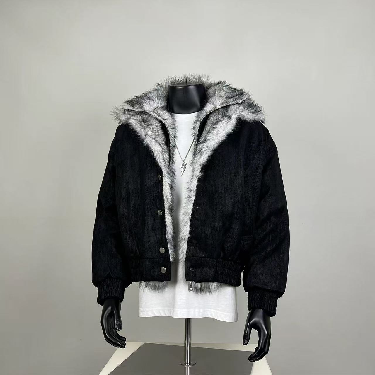 Black Denim Faux Fur Trim Cropped Bomber Jacket – Edgy Streetwear Statement Coat