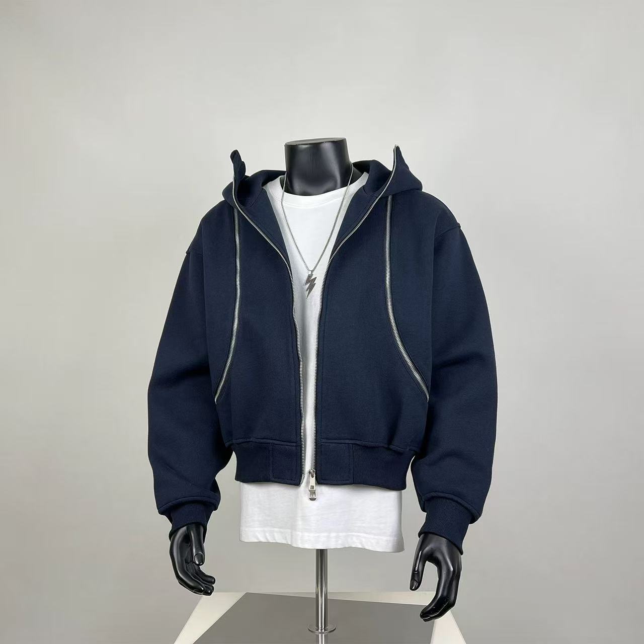 Boxy Cropped Zip-Up Hoodie | Multi-Zipper Streetwear Hoodie (Navy)