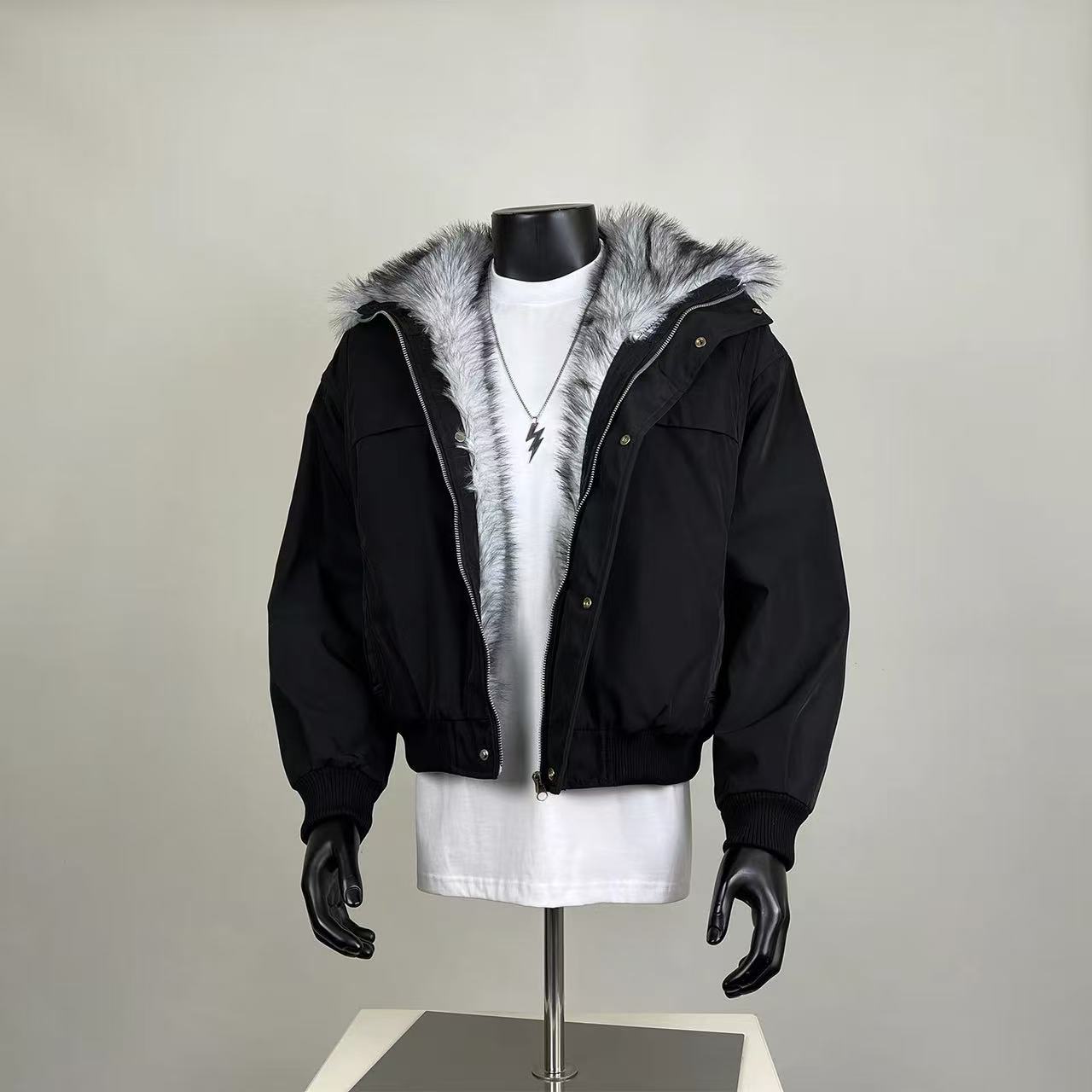 Black Cropped Parka Jacket – Grey Faux Fur Lined Hood Streetwear