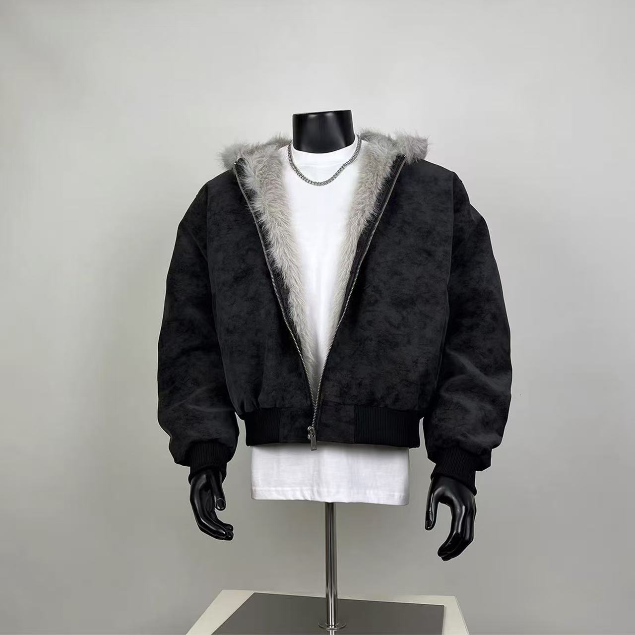 Black Faux Fur Trim Suede Bomber Jacket | Oversized Winter Coat
