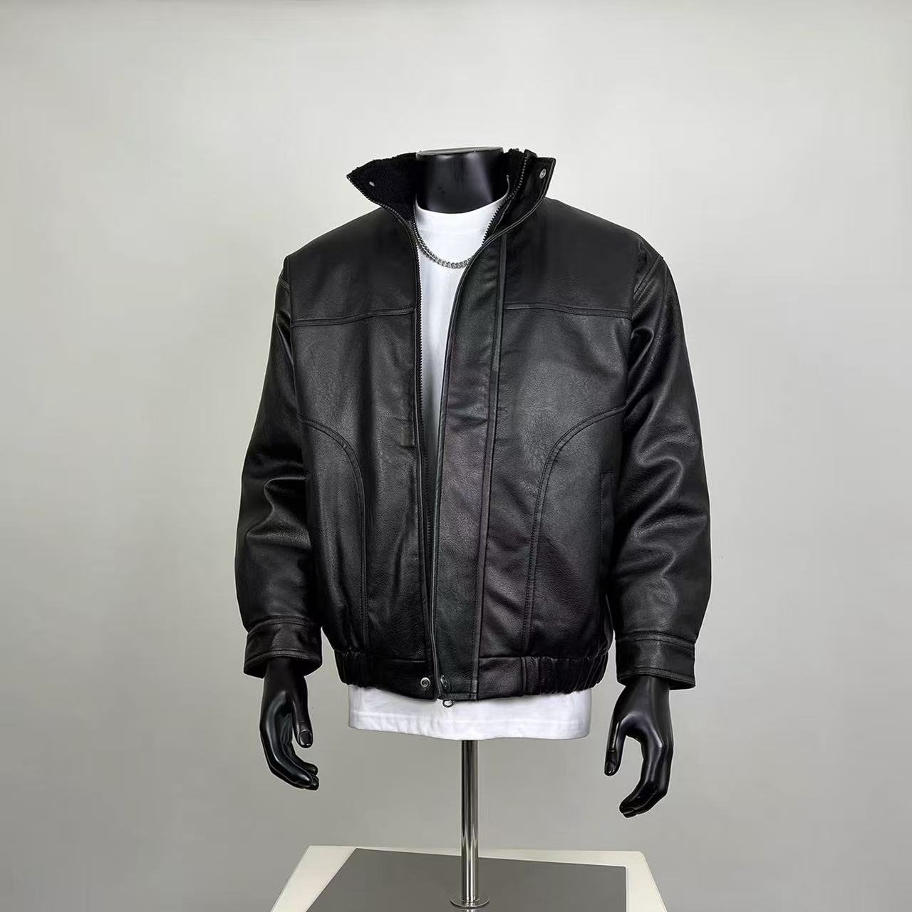 Black Faux Leather Bomber Jacket