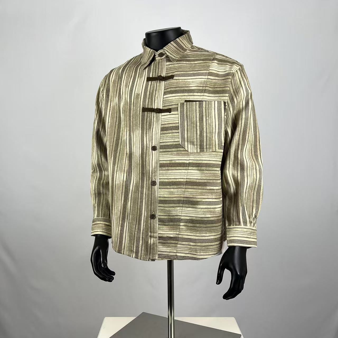 Beige Striped Chinese Knot Button-Down Shirt – Retro Oriental Oversized Long Sleeve Top