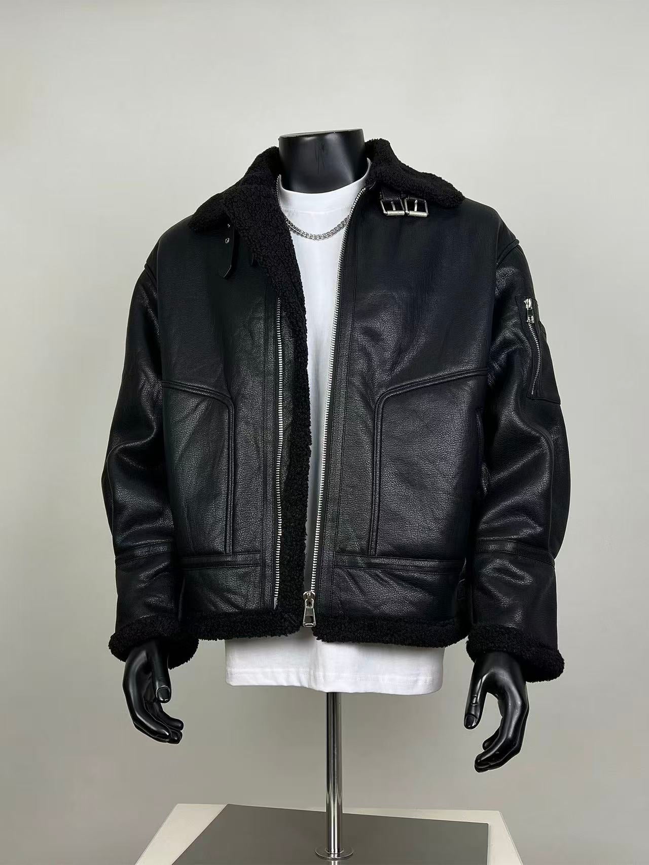 Black Faux Leather Sherpa-Lined Aviator Jacket – Oversized Biker Coat