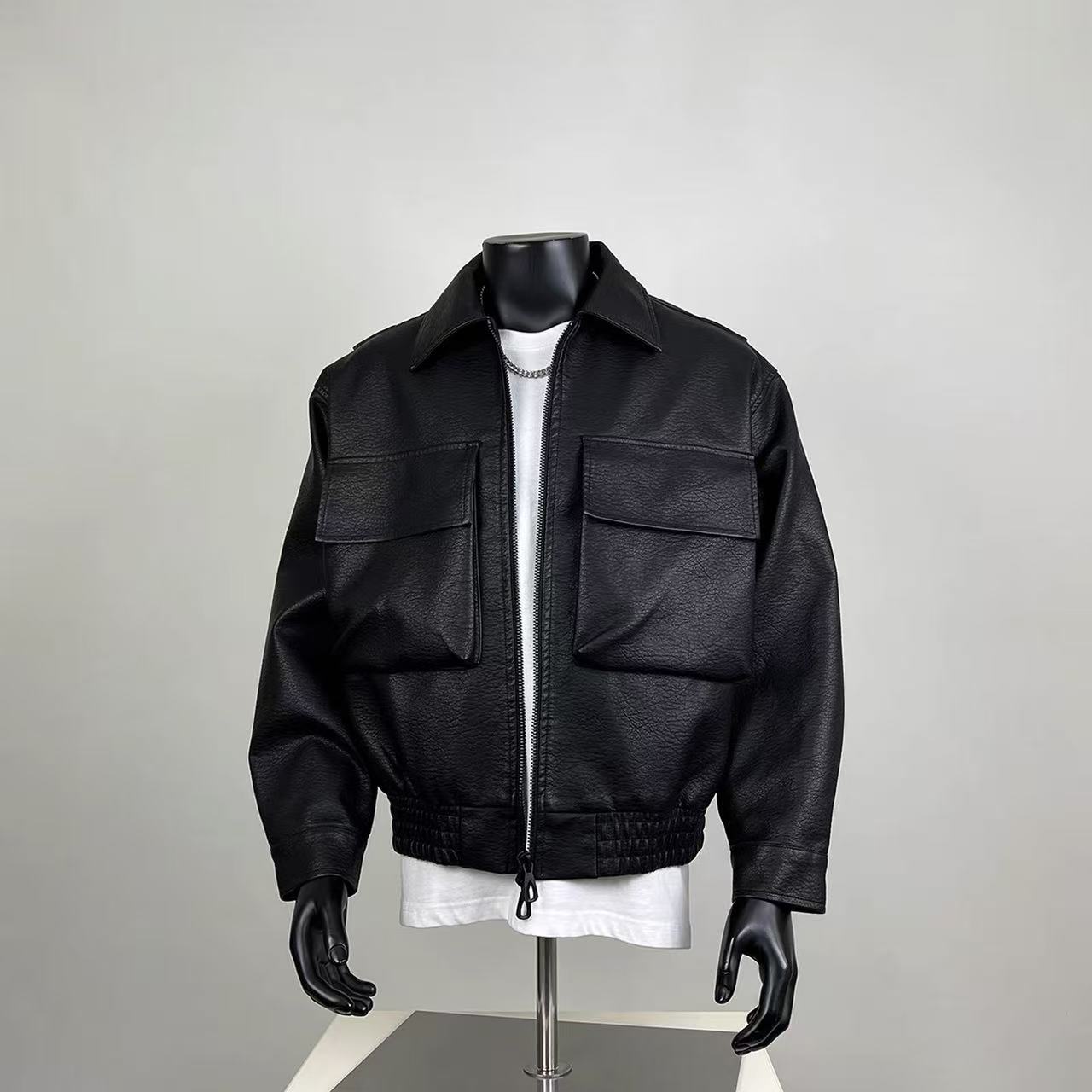 Black Faux Leather Cropped Bomber Jacket – Utility Pocket Street Style