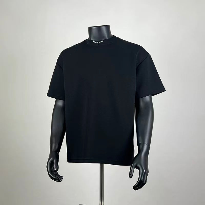 Black Oversized Mock Neck T-Shirt with Script Collar Detail | Minimalist Streetwear Staple