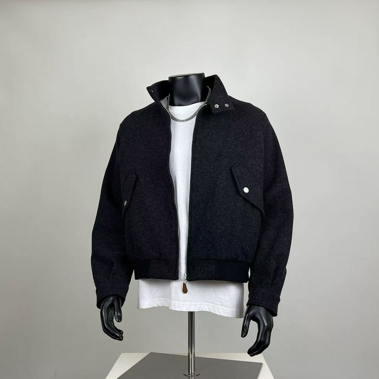 Boxy Fit Stand Collar Wool Jacket - Minimalist Streetwear